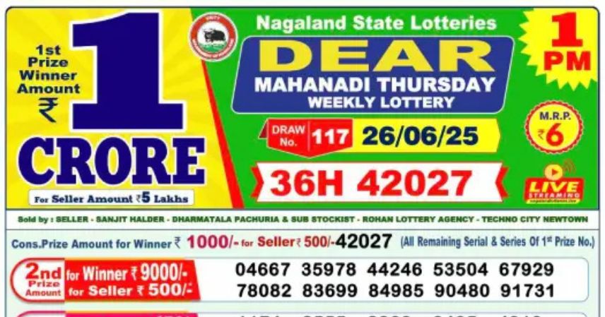 Dear Lottery 1 PM Result Declared 26-06-2025