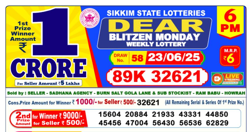 Dear Lottery 6 PM Result Declared 23 06 2025
