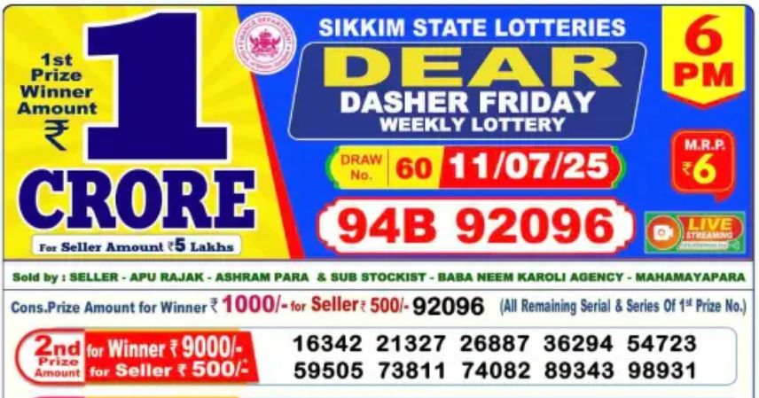 Dear Lottery 6 PM Result Declared 11-07-2025