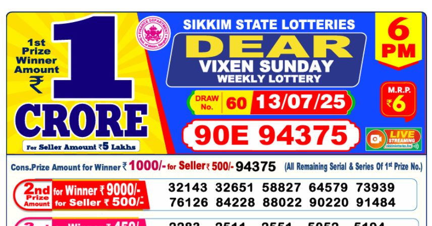 Dear Lottery 6 PM Result Declared 13-07-2025