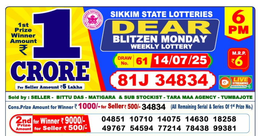 Dear Lottery 6 PM Result Declared 14-07-2025