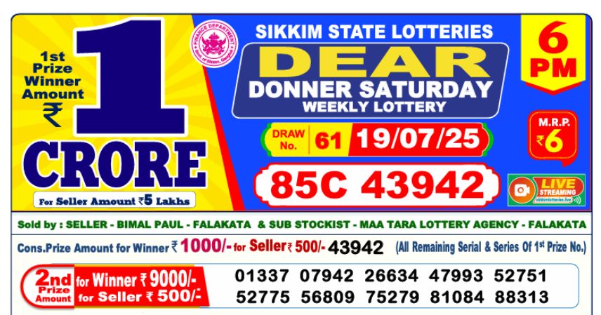 Dear Lottery 6 PM Result Declared 19-07-2025