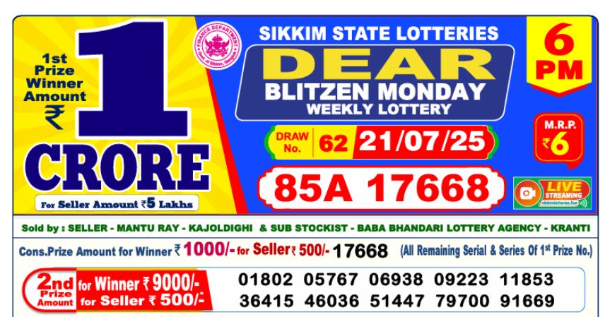 Dear Lottery 6 PM Result Declared 21-07-2025