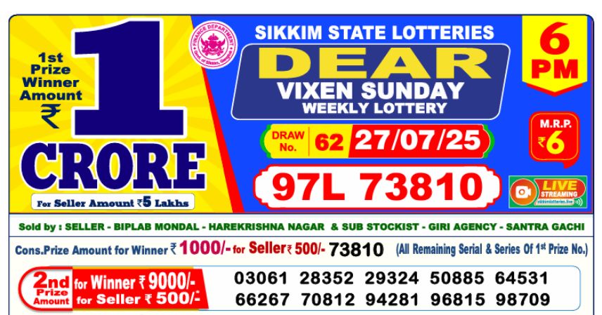 Dear Lottery 6 PM Result Declared 27-07-2025