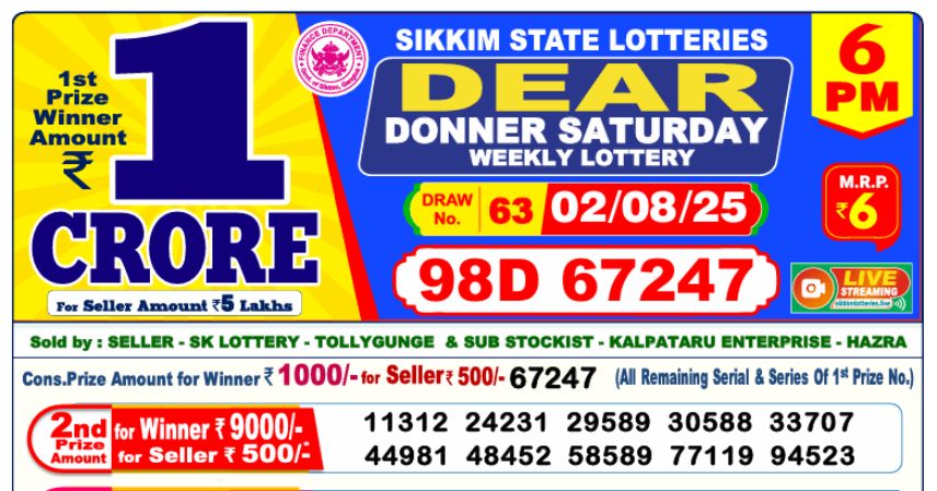 Dear Lottery 6 PM Result Declared 02-08-2025