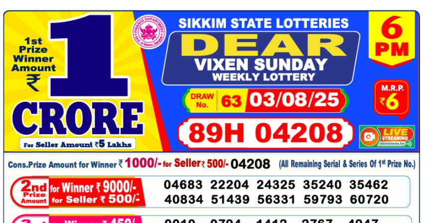 Dear Lottery 6 PM Result Declared 03-08-2025