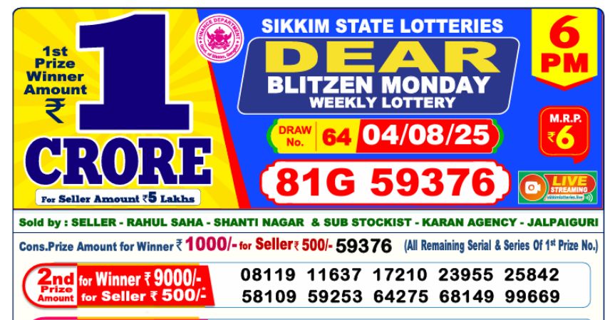 Dear Lottery 6 PM Result Declared 04-08-2025