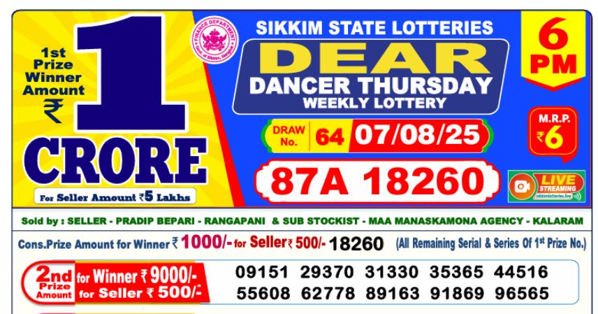 Dear Lottery 6 PM Result Declared 07-08-2025