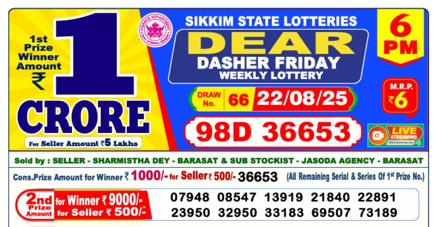 Dear Lottery 6 PM Result Declared 22-08-2025