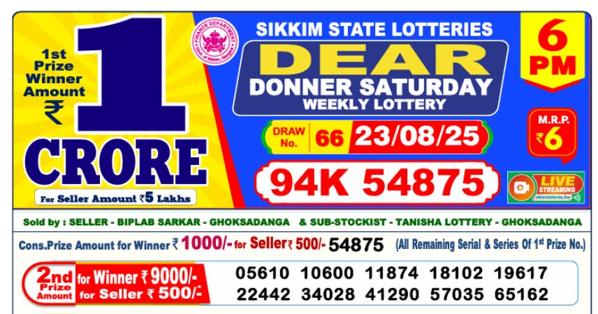Dear Lottery 6 PM Result Declared 23-08-2025