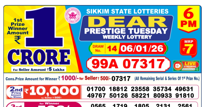 Dear Lottery 6 PM Result Declared 06-01-2026
