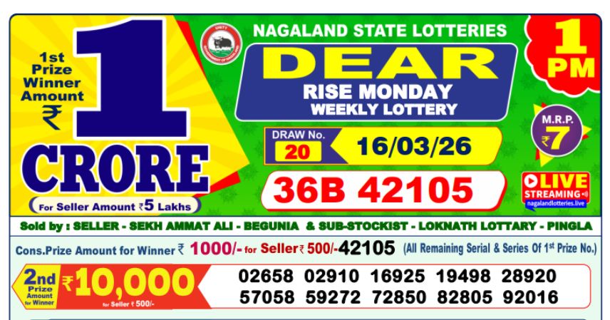 Dear Lottery 1 PM Result Declared 16-03-2026