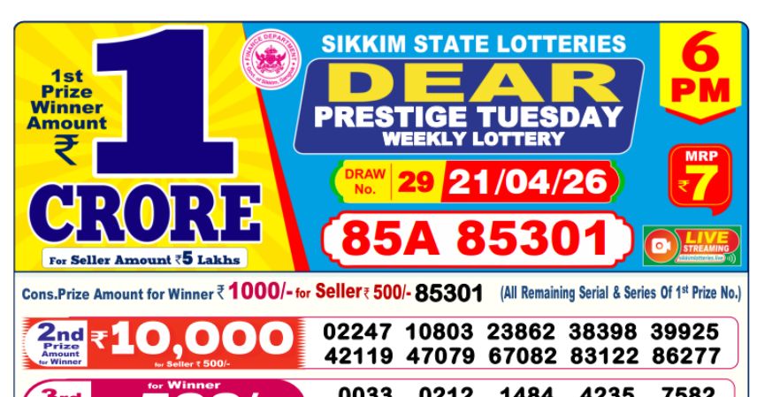 Dear Lottery 6 PM Result Declared 21-04-2026