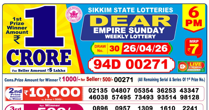 Dear Lottery 6 PM Result Declared 26-04-2026